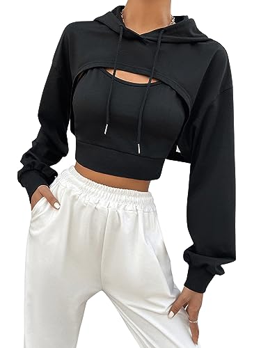GORGLITTER Damen Crop Hoodie mit Top Drunter 2 in 1 Pullover Kapuzenpullover Langarmshirt Kapuzensweatshirt Cut Outs Shirts mit Kapuze Schwarz M