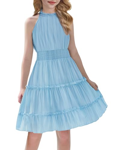 Arshiner Kleid für Mädchen Chiffon Neckholder A-Linie Kleider Ärmelloses Festliches Midikleid Einfarbig Kinderkleid Sommer Freizeitkleid Party Geburtstagskleid Blau 160/11-12 Jahre
