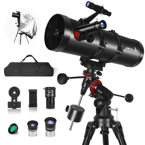 HETEKAN 150EQ Spiegelteleskop für Erwachsene & Anfänger, Professionelles Teleskop Astronomie mit Äquatorialmontierung, Handyhalterung, Edelstahl-Stativ, Staubschutzabdeckung & Tragetasche