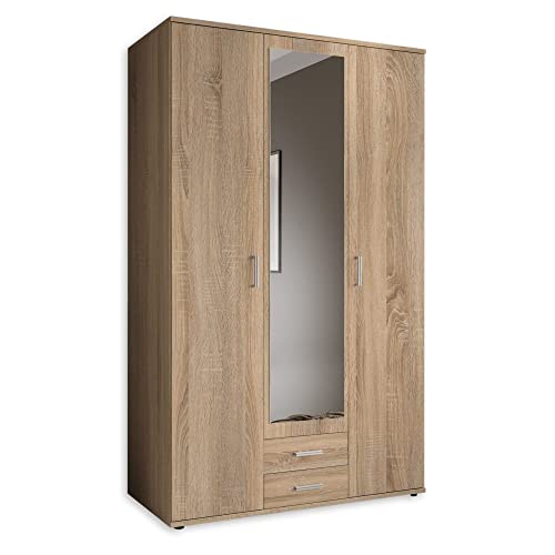 KARL Eleganter 3-türiger Kleiderschrank mit viel Stauraum - Mehrzweckschrank Sonoma Eiche mit Spiegeltür - 120 x 195 x 55 cm