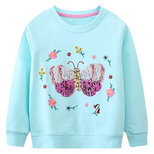 Baogaier Mädchen Pullover Langarmshirt Baumwolle Atmungsaktiv Casual Weichem Sweatshirt Herbst Winter Warm Kinder Kleidung Tops, Blauer Schmetterling Pailletten, GR.98-104