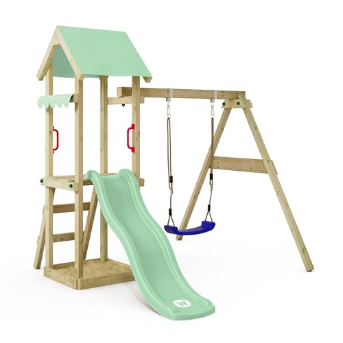 WICKEY Spielturm Klettergerüst TinyWave mit Schaukel & Rutsche, Outdoor Kinder Kletterturm mit Sandkasten, Leiter & Spiel-Zubehör für den Garten (pastellgrün)