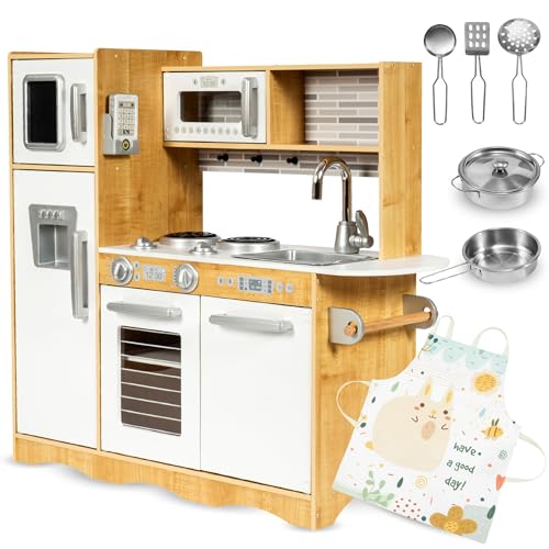 Mamabrum Holz-Spielküche LED-Beleuchtung, Kinderküche Zubehör Set - Ofen, Mikrowelle, Kochfeld, Wasserhahn, Kühlschrank & Spielzeug-Kochutensilien für Kinder (15 Teile)