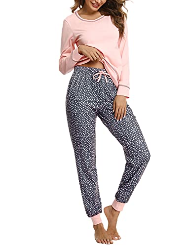 Litherday Schlafanzug Damen Lang Pyjama Baumwolle Nachtwäsche Winter Pyjama Set mit Sternenmuster Zweiteiliger mit Rundhals Sleepwear