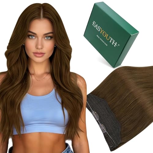 Easyouth Echthaar Extensions Mit Draht Braun Wire Extension Echthaar Mittelbraun Fish Line Extensions Remy Menschenhaar Glätten #4 30cm 70g
