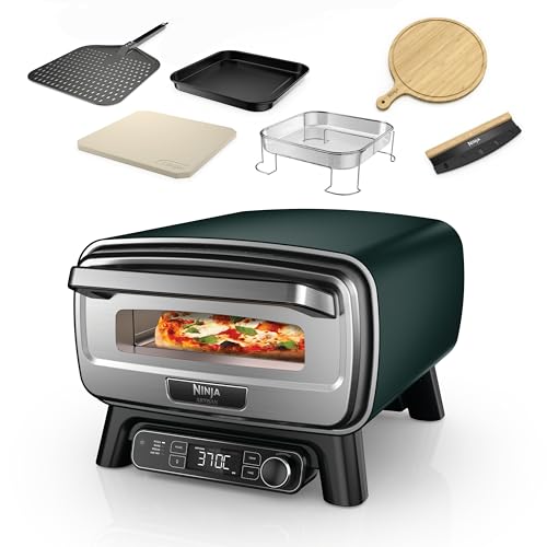 Ninja Artisan Outdoor-Pizzaofen und Heißluftfritteuse, 4 Funktionen, Servierbrett, Pizza-Wiegemesser, 30-cm-Pizzastein, Pizzaschale, Backblech und Heißluft-Fritteusen-Korb, Grün MO201AMZEU