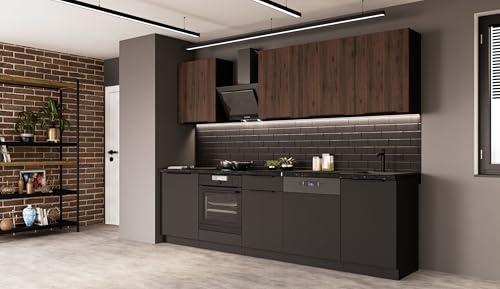 Kuechen-preisbombe Küche Siena + Monza Basic 280 cm Küchenzeile Küchenblock Einbauküche Nussbaum Okapi + Schwarz matt