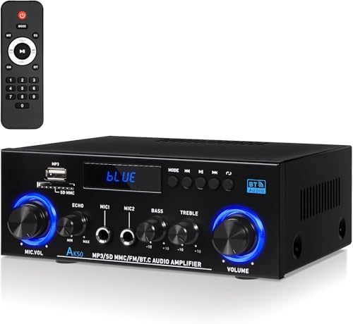 HiFi-Verstärker mit Bluetooth 5.3 Stereo – 1000W Spitzenleistung (2x50W RMS) – 2.0 Stereo System mit FM Radio & Mikrofon – Bass/Treble Regler – Kompatibel mit TV, Smartphone, Auto, PC