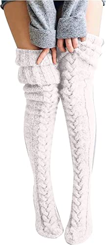 FGFD&OU Damen Strümpfe Strick Overknee Socken Dicke Warme Überknie Kniestrümpfe Trachtenstrümpfe Grobstrick Wintersocken Thermosocken Lange Weihnachtssocken Kuschelsocken für Frauen (Weiß)