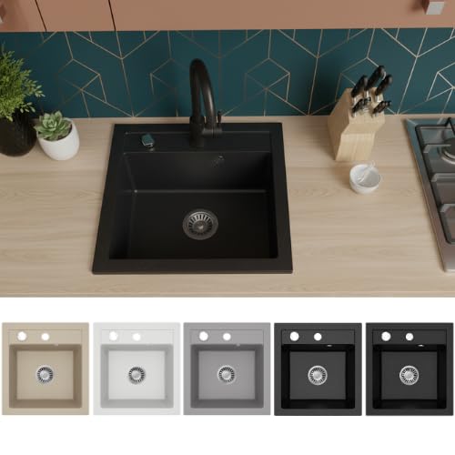 Faizee Home | Spülbecken Granit Schwarz 49x52 cm | Hochwertige Küchenspüle & Einbauspüle | Eckiges Spülbecken | Beidseitig montierbare Granitspüle | Einbaugranitspüle ab 45 cm | Inkl. Siphon-Set