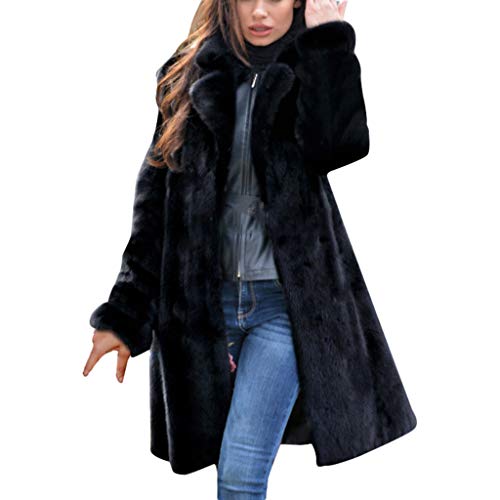 Damen Mantel Schwarz mit Pelz, Kunstpelz Mantel Faux Pelz Winterjacke Damen Winter Warm Kunstfell Jacke Lang Pelzmantel Elegant Einfarbig Felljacke Damenmantel Winterjacke mit Tasche