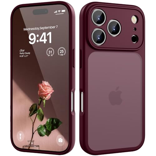 HGH für iPhone 17 Pro Hülle, Vollständiger Kameraschutz Stoßfest Kratzfest Anti-Fingerabdruck Transluzente Rückseite Matt Handyhülle für iPhone 17 Pro Case 6,3 Zoll, Dunkel Rot