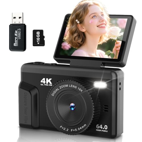 Digitalkamera Kinder 4K 64MP Autofokus 180° Klappdisplay Fotokamera,16GB | 2.4 Zoll Display;16X Digitalzoom, Bildstabilisierung, Tragbare Vlog Kamera für Jugendliche, Anfänger und Schüler, Schwarz