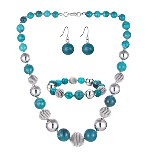 Bulinlin Perlen Damen Schmuck Set Silber Choker Halskette Ohrringe Creolen Statement Modeschmuck Weihnachtsgenchenke für Frauen(Sea Green)