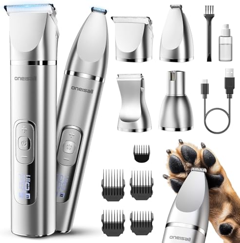 oneisall 4 in 1 Hundeschermaschine Set, Leise Pfotentrimmer für Hunde, LCD-Anzeige Schermaschine Katze Hund, Pfotentrimmer&Hunderasierer&Krallenschleifer für Körper, Pfoten, Augen, Ohren, Gesicht