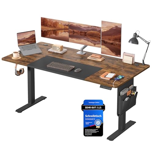 SONGMICS Höhenverstellbarer Schreibtisch elektrisch, 160 x 70 cm, stufenlos verstellbar, Memory-Funktion mit 4 Höhen, vintagebraun-Mattschwarz LSD026X01