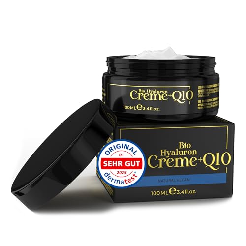 BIO Hyaluron Creme Gesicht + Q10 • 100ml • mit natürlichem UV-Schutz • Gesichtscreme hochdosiert • Anti Aging Creme Frauen u. Männer +Sheabutter +Mandelöl Antifaltencreme Soforteffekt Made in Germany