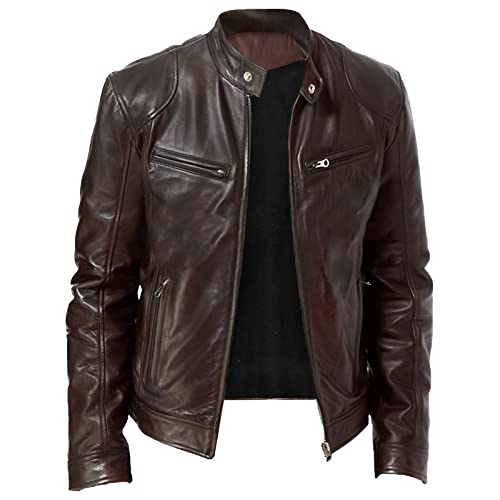 Generisch An Hosen Herren Lederjacke Reißverschluss Kunstleder Bikerjacke Langarm Jacke Mit Schaffell Herren (Brown, L)
