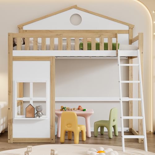 Merax Hochbett für Kinder, Kinderbett Etagenbett 90x200cm mit Sicherheitsleiter, Rausfallschutz & Lattenrost, Hausbett mit Dach & Fenster, Spielbett für Jugend, Kiefer+MDF, Ohne Matratze, Weiß+Natur