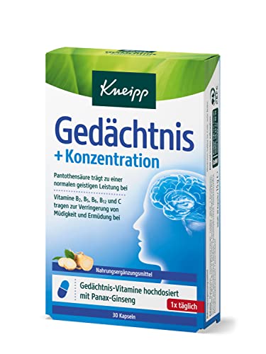 Kneipp Gedächtnis + Konzentration - Nahrungsergänzung zur Steigerung der geistigen Leistung & Verringerung von Müdigkeit - Pantothensäure, Vitamin B2 B5 B6 B12 C & Panax-Ginseng - 30 Kapseln