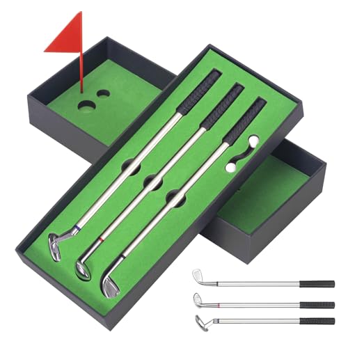 MumdoYAL Golf Geschenke für männer,3 Golfschläger Kugelschreiber,minigolf für zuhause,mini Kugelschreiber,mini Golf Home Set,mit schwarzer Geschenkbox,Geschenk für Golfer Fans