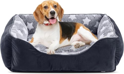 FURTIME Hundebett Mittelgroße Hunde, Hundekorb Waschbar Hundekörbchen rutschfeste, Hundebetten Flauschig Hundematratze mit Erhöhte Ränder, Hundesofa für Hunde Katze, Schwarz/Sterne, 63x53x20cm