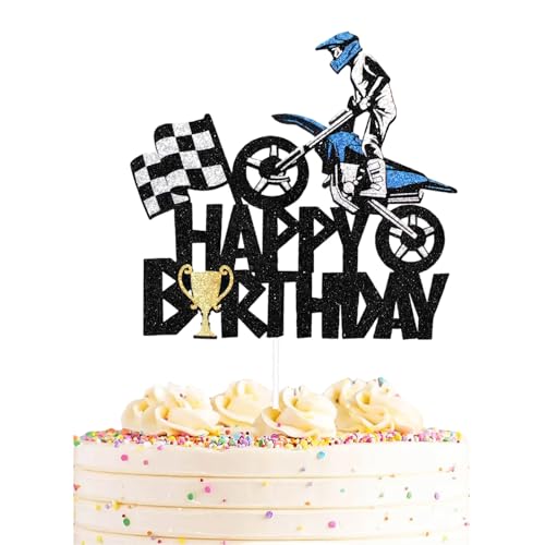 Auroriel Motorrad Happy Birthday Cake Topper Glitter Kinder Geburtstag Party Supplies Kuchen Cupcake Deko Motocross Dirt Bike Rennsport Tortendekoration Jungen Männer