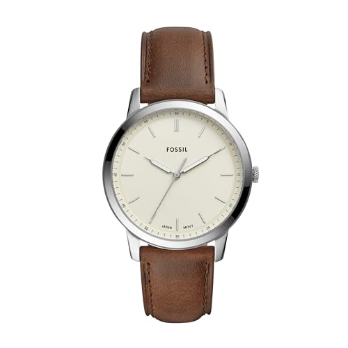 Fossil Minimalist uhr für Herren, Quarzwerk mit Edelstahl- oder Lederarmband, Weiß und Tan, 44MM