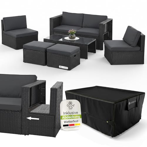 Juskys® Polyrattan Gartenmöbel Set Salou inkl. Abdeckung - Outdoor Lounge wetterfest 6 Personen - Sitzecke mit Tisch & Kissen für Garten, Balkon, Terrasse - Schwarz
