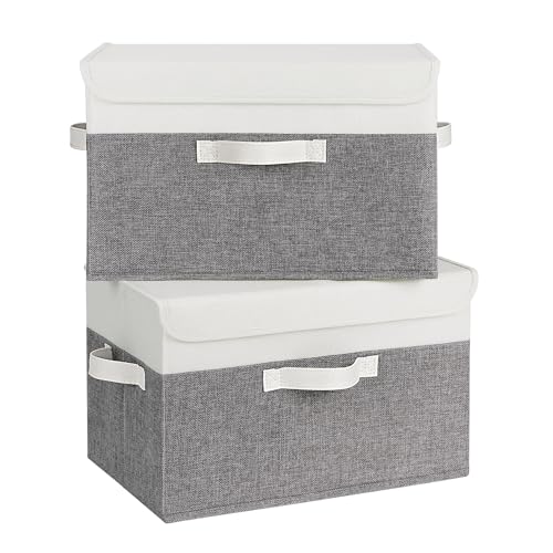 GRANNY SAYS Aufbewahrungsboxen mit Deckel, 2 Stück Kisten Aufbewahrung, Faltbare Aufbewahrungsbox mit Deckel Stoff, Aufbewahrungskörbe für Kleidung, weiß-grau Faltboxen mit Deckel für Kleiderschrank