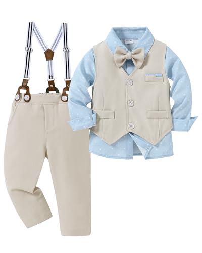 Amissz Kinder Anzug Set Junge, Kinderanzug Hochzeit Festliche Kindermode Jungen Anzüge Langarm Hemd + Hosenträger + Weste + Fliege Taufbekleidung für Baby-Jungen (Khaki, 4-5 Jahre)