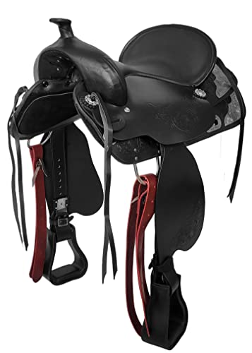 A&M Reitsport Baumloser Westernsattel Kansas aus Büffelleder Schwarz, wechselbares Kopfeisen, Größe:16 Zoll