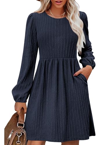 Zeagoo Langarm Kleid Damen Herbst Winter Strickkleid Knielang Herbstkleid Einfarbig Pllover Kleider Tunikakleid Navy Blau L