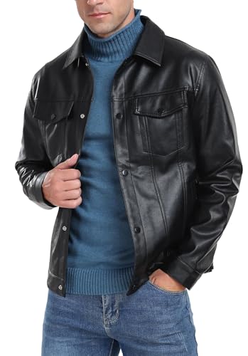Sailwind Herren Leather Jacket Reverskragen Motorradjacke Druckknopf Kunstlederjacke Bomberjacken Mantel (Schwarz, XL)