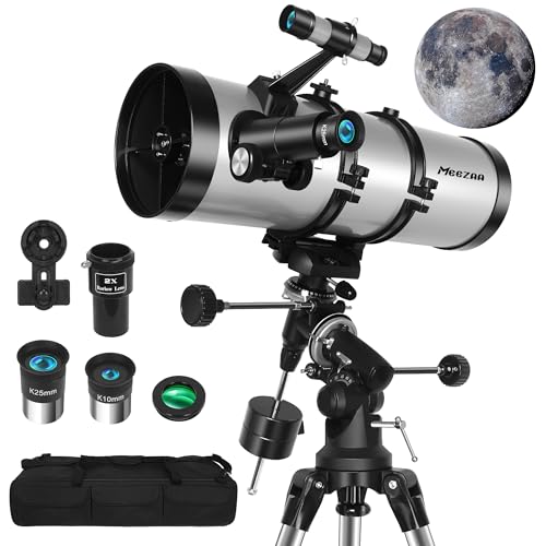 MEEZAA Teleskop, 150EQ Newton-Reflektor Teleskop Astronomie Profi für Erwachsene & Anfänger, Astronomisches Spiegelteleskop mit Äquatorialmontierung, Handyhalterung, Stativ, Mondfilter & Tragetasche