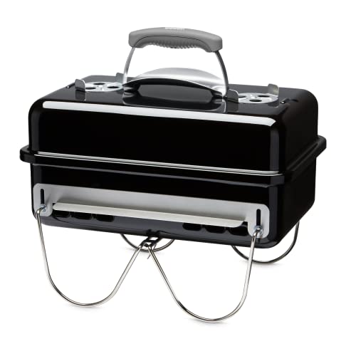 Weber Go-Anywhere Holzkohlegrill/Tragbarer Grill mit klappbaren Beinen, Kompaktes Design für Camping und Picknicks, Robuste Emaille, Präzise Temperaturregelung, 42 x 26 cm Grillfläche, Schwarz