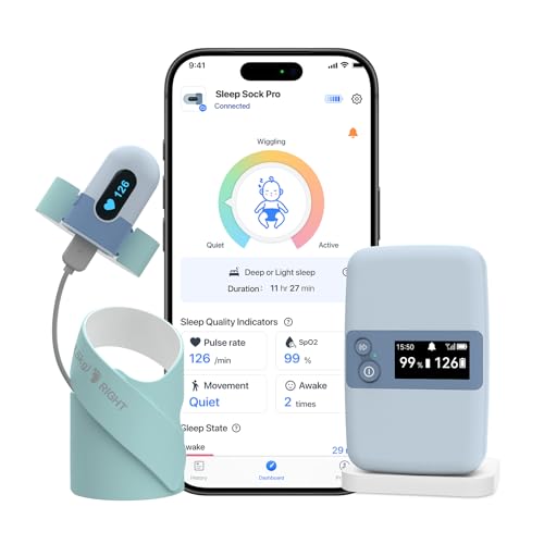BabyO2 Pulsoximeter-Monitor fr Babys, Schlafmonitor mit Echtzeit-Basisstation, zur berwachung von Sauerstoffsttigung, Herzfrequenz und Bewegung mit Schlafmuster-Analyse fr Neugeborene