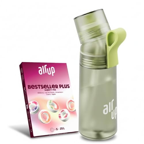 air up Flasche Twist Pro Starter Set Original, inkl Pods in 5 Geschmacksrichtungen I 600ml Trinkflasche mit Geschmack, zuckerfrei I spülmaschinenfest & BPA frei I in Green Sage
