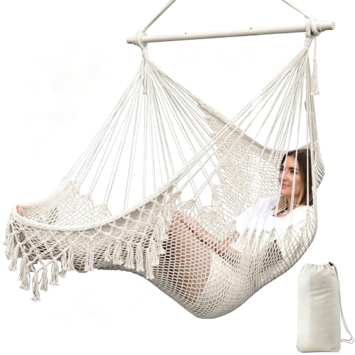 Chihee Hängesessel handgefertigter Hängesessel aus Baumwollseil gewebter Sitz weich gesponnen große Dehnbare Hängematte, zusammenklappbar stabile Metallspreizstange, Elegante Tassel drinnen draußen