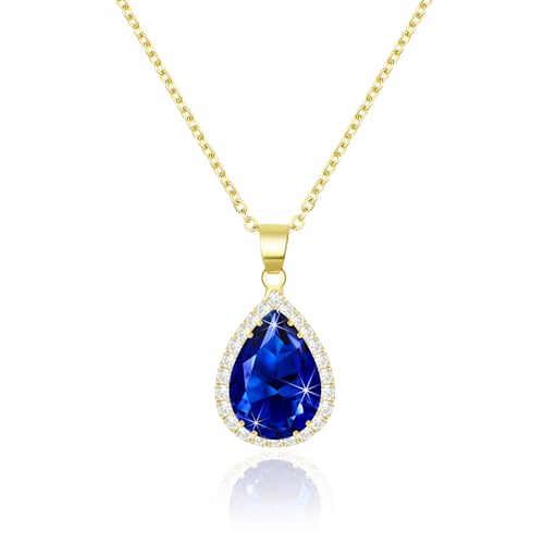 Linawe Saphire Blau Anhänger Kette Halskette, Goldkette Kette Gold Schmucksets für Damen, Diamant Geburtsstein Kristall Kette Kettenanhänger Jewelry, Goldener Schmuck Set