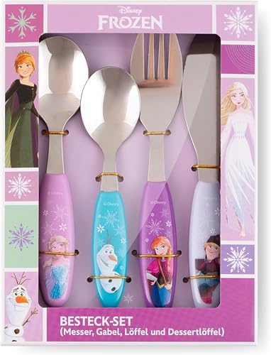 Frozen Die Eiskönigin Kinderbesteck 4-teilig – Besteckset für Kinder aus Edelstahl mit Elsa, Anna und Olaf, Messer, Gabel, Löffel und Dessertlöffel im Geschenkkarton, Geschenk für Mädchen