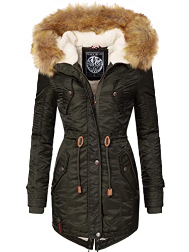 Navahoo Damen Wintermantel Warmer Parka lang mit Kapuze La Viva Green Gr. M