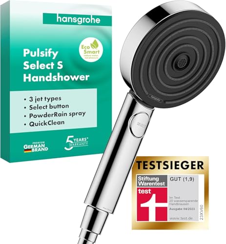 hansgrohe Pulsify Select S- wassersparender Duschkopf 6,9 l/min (EcoSmart), Handbrause mit 3 Strahlarten (Relaxation Version), Duschbrause (105mm), Sparduschkopf mit Antikalk-Funktion, Chrom, 24111000