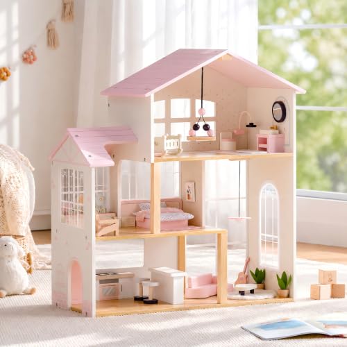 ROBUD Holzpuppenhaus für Kinder, 3-stöckig mit 5 Zimmern und Gewächshaus