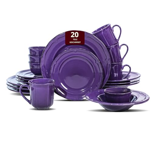 20-teiliges Geschirrset, Teller- und Schüsselset, Steingutgeschirr für 4 Personen, mikrowellen- und spülmaschinenfest, kratzfest (Lila)