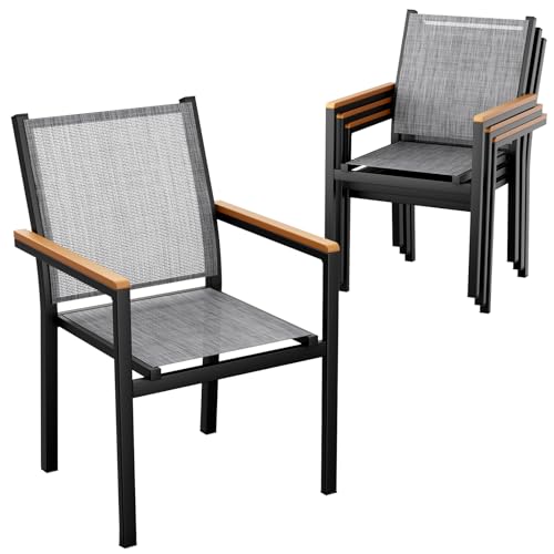 LIFERUN Gartenstuhl 4er Set, Aluminium, Stapelbarer Esszimmerstuhl Textilene, WPC Handlauf, Balkonstühle, für Terrasse, Balkon, Terrasse, Pool, Restaurants, Wetterfest, Leinengrau, 4 PCS