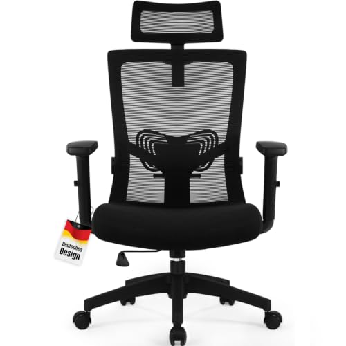 Daccormax Bürostuhl Ergonomisch, Schreibtischstuhl mit Verstellbarer Kopfstütze, Armlehnen, Lendenwirbelstütze, Drehstuhl Wippfunktion bis 135°, Chefsessel aus Mesh,Rückenschonend, Bürostuhl 150kg