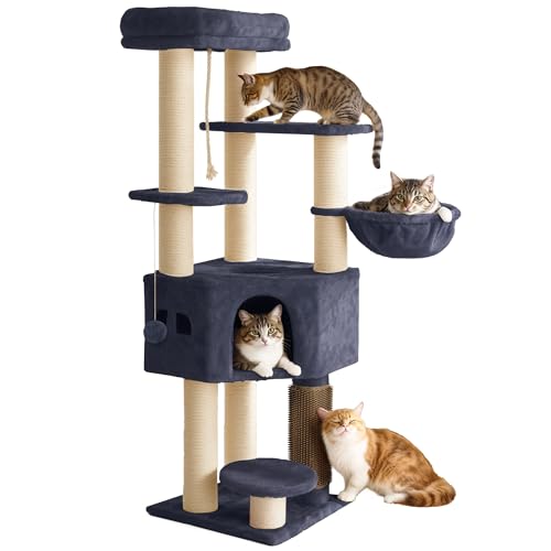 YITAHOME Kratzbaum, Katzenkratzbaum, für Große Katze, Katzenbaum, Katzenbürsten, 11 cm Dicke Stämme, Große Plattformen, Plüschkissen, Höhle, 50 x 50 x 157 cm, Dunkelgrau