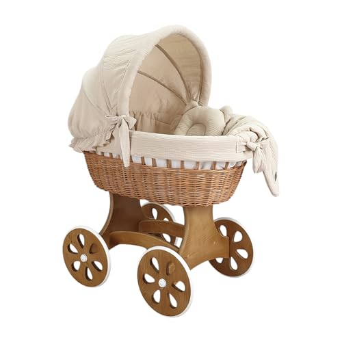 Wiklinopol Stubenwagen, Moseskorb Baby mit Gestell Annabell – Bollerwagen mit Rollen aus Naturweide – inkl. Matratze & 5-TLG. Beige Musselin-Bettwäsche – Korb: Natur
