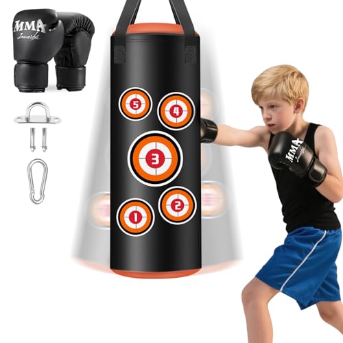 JUOIFIP Boxsack Hängend Set, Boxsack Kinder mit Handschuhen 60 cm, Microfiber Leder Schwere Tasche für das Training Kickboxen Fitness MMA Grappling Muay Thai Karate